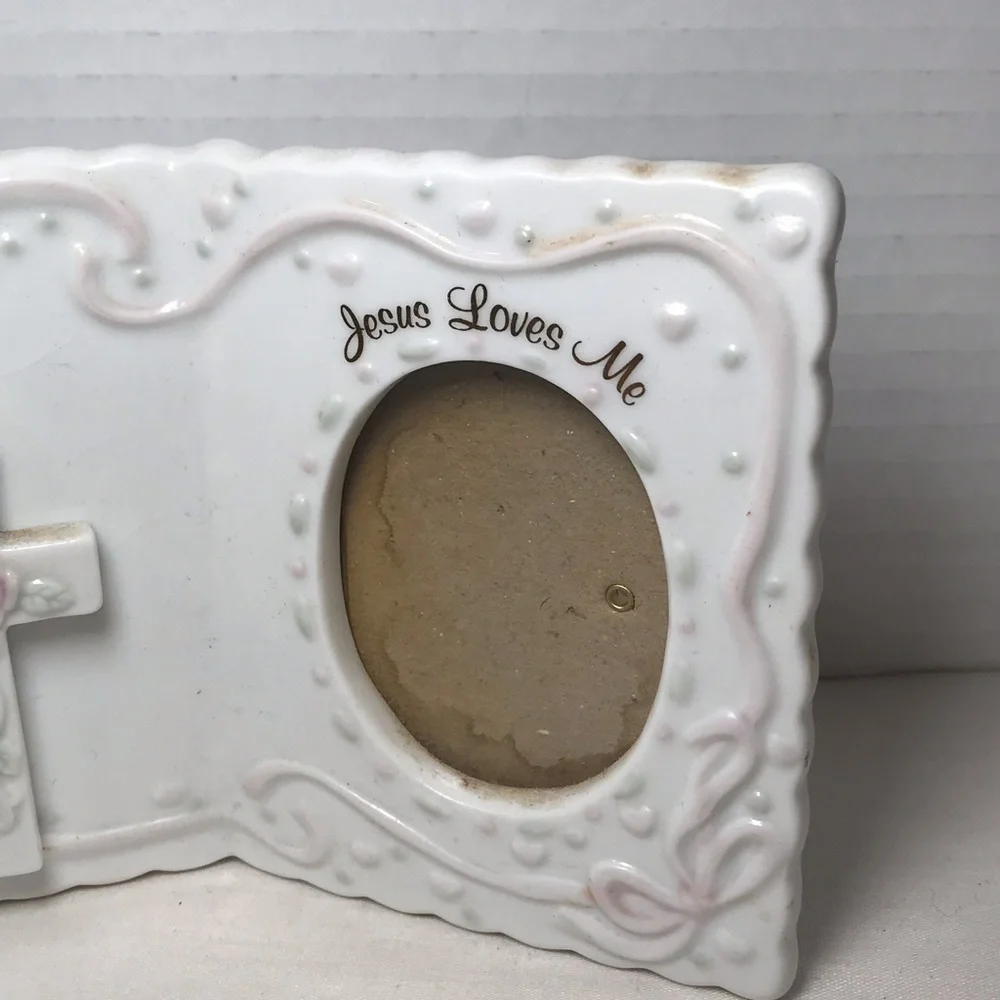 Russ Berrie White Ceramic Frame with Pink Accents and Cross